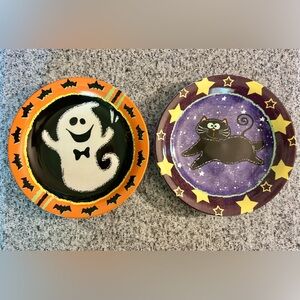 VINTAGE Studio 33 Halloween BLACK CAT GHOST Snack Plate Set of 2 Plates
